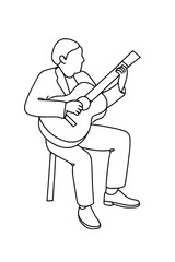Captivating guitarist performing song with acoustic instrument, line art evoking musical passion and artistry, ideal for music lessons or concerts