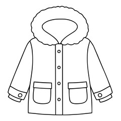 Stylish winter coat outline, perfect for coloring books or design projects, showcasing a cozy fur-trimmed hood and charming pockets for a classic look