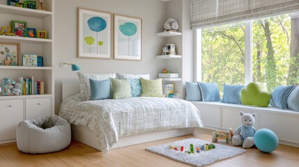 children's room with pet space, small pet bed, toys near bed, bright and cheerful decor