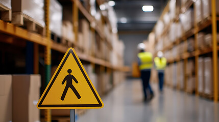 Fototapeta premium Warehouse safety is paramount, with a caution sign alerting pedestrians. Workers in hard hats navigate the aisles, ensuring a safe environment amidst rows of boxes.
