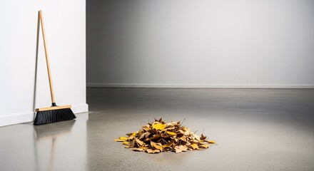 Conceptual still life of autumn cleanup with a pile of yellow leaves swept indoors on a modern floor. A surreal, minimalist scene representing the end of a season, chores, and bringing nature inside.