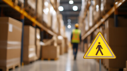 Warehouse safety: A worker walks down an aisle filled with boxes. A pedestrian crossing sign is visible, emphasizing safety protocols and awareness in the storage environment.