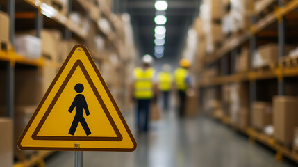 Obraz premium Warehouse safety first: yellow pedestrian crossing sign in focus, workers in vests walking in the background near shelves. Promote safety in industry, storage areas