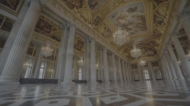 Majestic palace hallway with ornate ceiling and marble columns in elegant perspective shift
