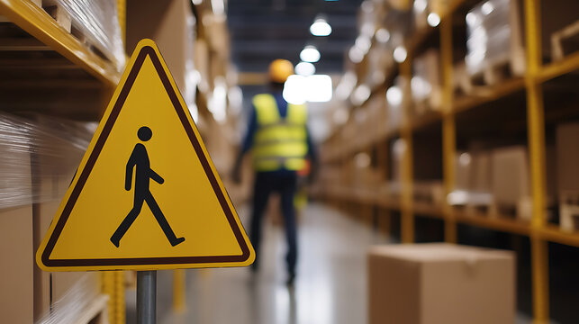 Navigating safety in a warehouse environment. A yellow pedestrian warning sign stands prominently, alerting workers to be cautious. A worker in the background emphasizes the sign's message.