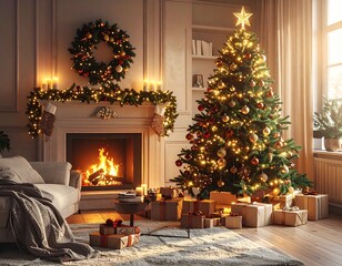 Sapin de Noël décoré – ambiance chaleureuse et festive dans un salon cosy