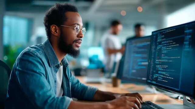 AI engineer developing software prototypes in a startup environment coding on a dual screen setup with integrated development tools prototypes of chatbots visible team