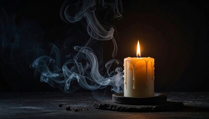 Lit candle with melting wax and ethereal smoke against a dark background, casting warm light
