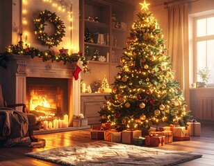 Sapin de Noël décoré – ambiance chaleureuse et festive dans un salon cosy