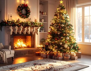 Sapin de Noël décoré – ambiance chaleureuse et festive dans un salon cosy