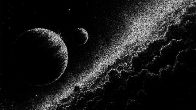 Stipple drawing of celestial bodies and nebula in dark space, for science fiction backdrop or astronomical content. Abstract dotted universe.