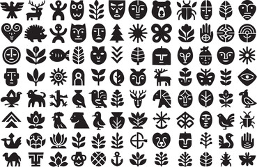Collection of Folk Art Inspired Animal Plant and Mask Glyphs
