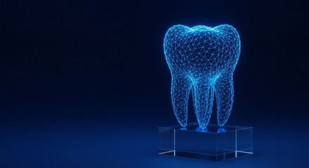 Anatomical tooth wireframe structure. Dental health and research concept shown with blue light.