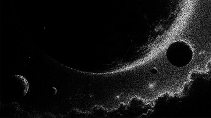 Stipple space vector background with planets and stars. Abstract cosmic illustration for science, astronomy, technology, and futuristic design. © hiten666