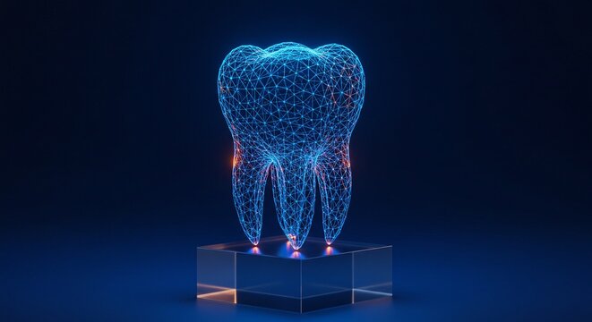 A digital representation of a tooth on a clear pedestal is illuminated with blue light.