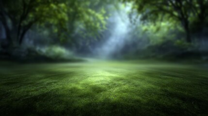 Sunlight pierces green field through forest trees golden light filters through forest canopy onto verdant meadow