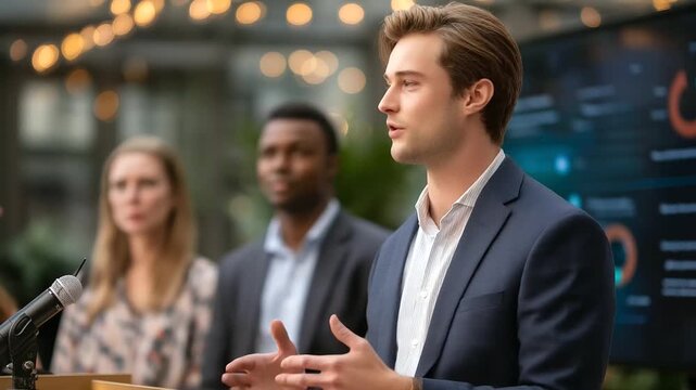 Panel discussion at an AI ethics symposium with experts debating the role of AI in healthcare and education microphones and podium with projected stats on positive societal