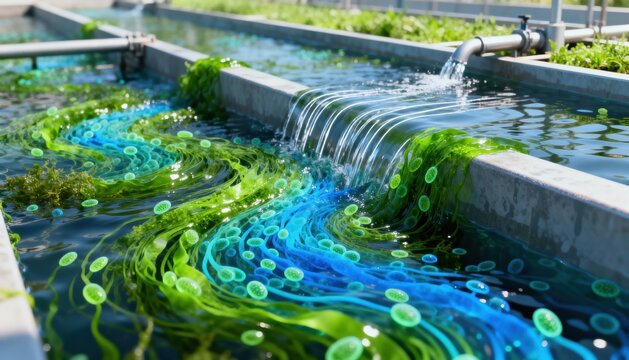 Dynamic medium shot of algae cultures in motion within a flowing water channel demonstrating the innovative use of algae to enhance nutrient uptake in wastewater treatment.