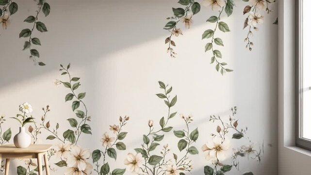 Elegant floral patterns bloom across a bright, sunlit wall. This serene room transforms with beautiful, growing botanical decor.