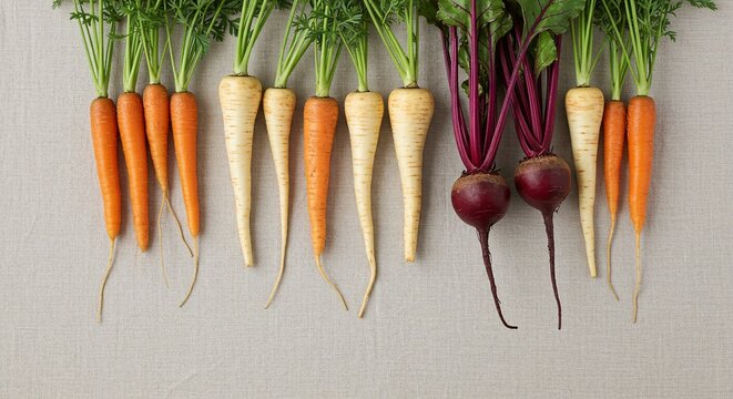 Freshly harvested root vegetables, including carrots, parsnips, and beets, laid out on linen. - Powered by Adobe