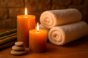 Two lit orange candles and rolled spa towels on a wooden surface with bamboo stalks and stacked stones, creating a serene and relaxing atmosphere for a spa or wellness setting