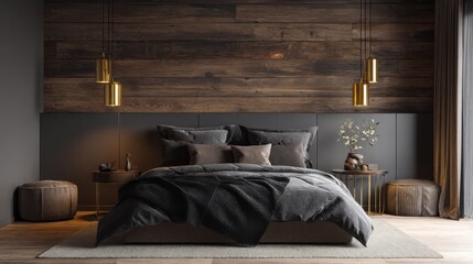 dark cozy bedroom with wooden walls, warm gold bedside lighting, rich textures, scandinavian style