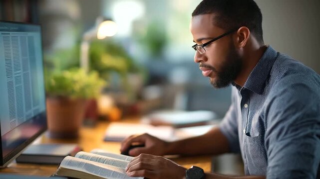 Church volunteer updating website with Bible study schedules on a desktop computer screen displaying simple church homepage with scripture quotes Bible nearby for reference