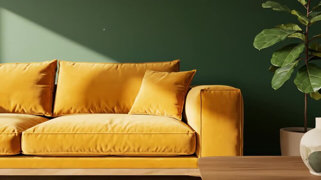 Yellow couch mockup with lush green room and plant on table, showcasing innovative workspace or living space concept blending nature and modern design for commercial uses in advertising.