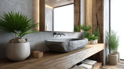 eco bathroom with wooden accents, stone sink, indoor plants, soft light, minimalist organic feel