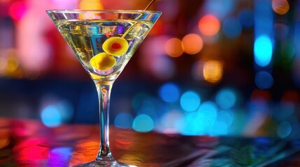 Refreshing martini in a glass garnished with olives sits elegantly on a bar counter.