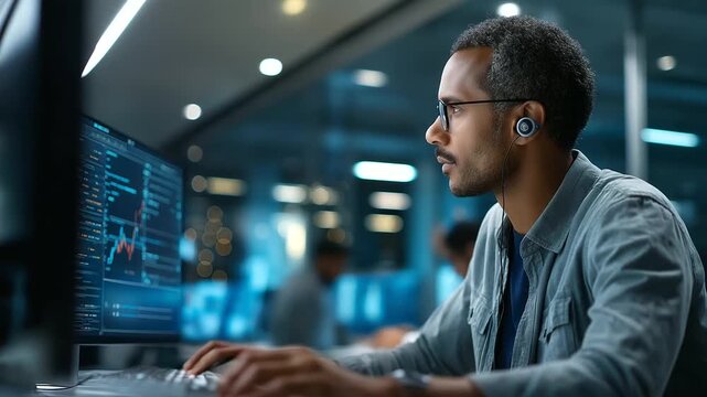 Deep learning specialist training models in a high performance computing room monitoring progress on servers with GPU stats wearing headphones for focus charts showing accuracy