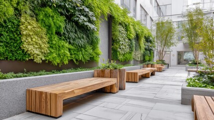 eco courtyard with vertical green wall, wooden benches, stone path elements, calm ambient style