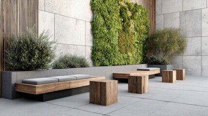 eco courtyard with vertical green wall, wooden benches, stone path elements, calm ambient style
