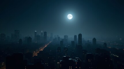 Obraz premium Moonlit city skyline during total blackout, dark urban nightscape with soft silver light