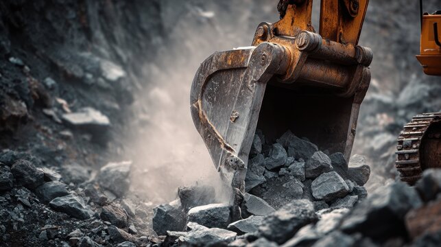 Heavy machinery breaks ground uncovering large stones at a bustling construction site outdoors.