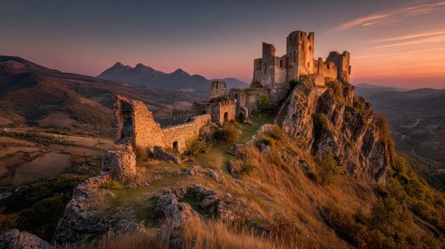 Historic castle ruins sit atop a rocky hill as the sun sets behind distant mountains casting warm hues.