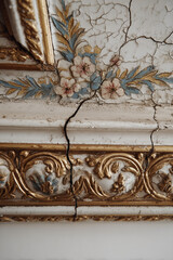 Water Damage on Ceiling with Ornate Molding - A Close-Up View of a Cracked and Stained Ceiling. vertical image
