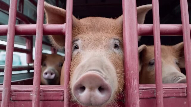 Close-up of three light brown pigs in a transport crate, looking through red metal bars. Focus on one pig's face.