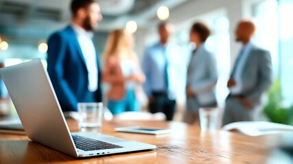 Post conference networking lounge with professionals exchanging ideas on policy recommendations for AI in society laptops displaying reports on inclusivity and bias reduction