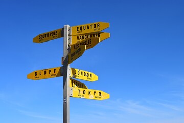 Fototapeta premium Bright Yellow Signpost Against Clear Blue Sky - Global Choice and Direction Concept