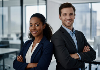 Confident corporate portrait of two smiling business professionals, a man and a woman, standing back to back with arms crossed in a modern office environment