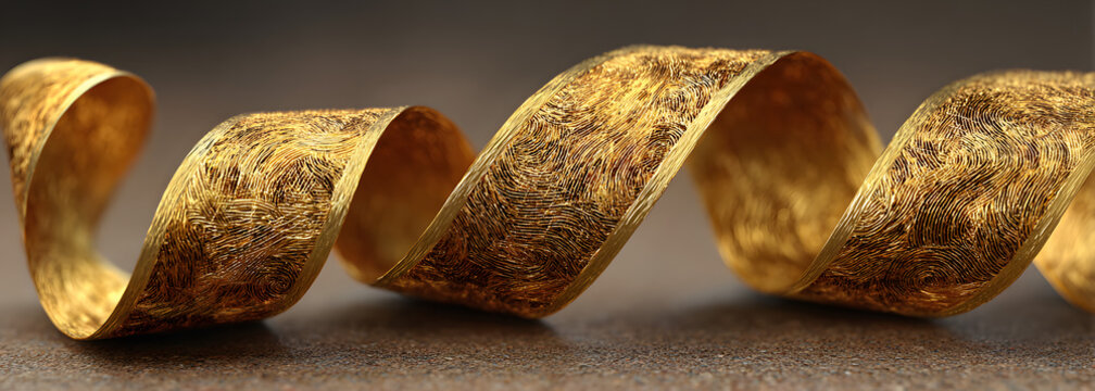 Curled golden ribbon banner with gold border - arc and wavy ends