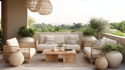 eco terrace with rattan furniture, soft neutral textiles, clay pots with greenery, calm natural setting