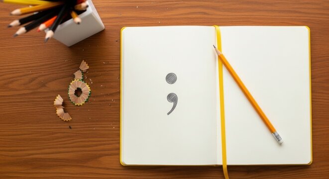 A minimalist desk scene featuring an open notebook with a sketched semicolon, an orange pencil resting on it, surrounded by scattered pencil shavings and colorful pencils in a holder