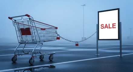 A lone shopping cart sits in a desolate, rain-washed parking lot, chained to a freestanding SALE sign as blue fog drifts in. Wet lines reflect on the asphalt under a muted, eerie light eerily