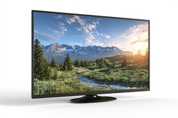 Flat Screen Television Displaying Scenic Mountain Landscape During Sunset