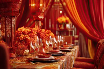 Elegant Red and Gold Banquet Table Setting with Floral Centerpieces for Wedding or Celebration