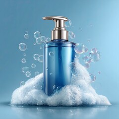 Blue Liquid Soap Dispenser with Bubbles and Foam on Light Blue Background