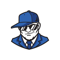 Stylized man illustration – blue suit, tilted cap, sunglasses, and confident smile for urban branding, streaming identity, and character-based design.