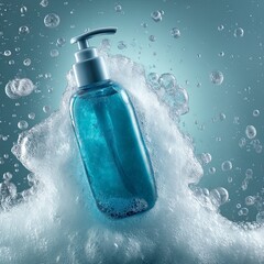 Blue Liquid Soap Bottle in Frothy Bubbles with Clear Pump Dispenser in Water Splash